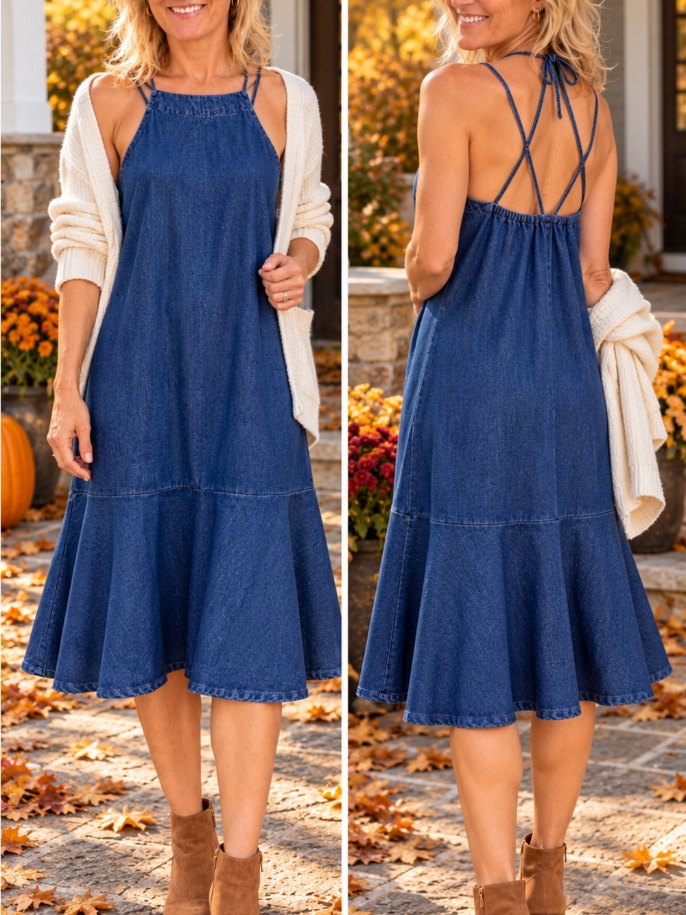 LUSH Blue Denim Halter Midi Dress Open Back Tie Neck Ruffle Hem